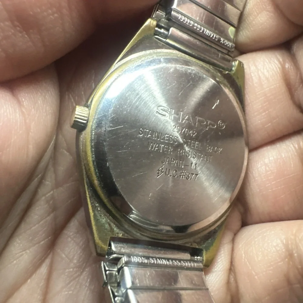 Working Vintage Sharp Mens Watch Silver Day Date White Quartz 35mm Fit 7.5